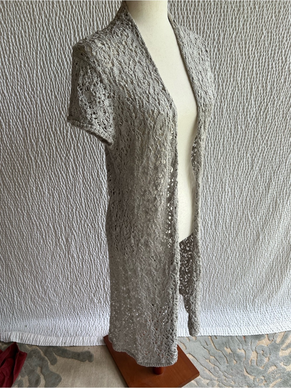 Women's Long Gray Crocheted Cardigan Sweater Short Sleeve Cotton Blend M-10-12